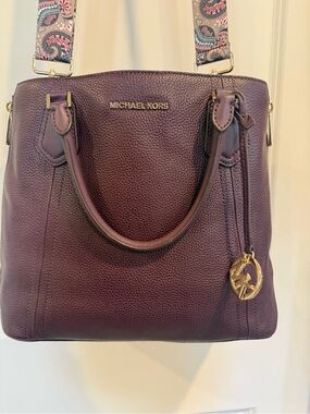 Michael Kors Deep Plum Pebbled Leather Satchel with Patterned Strap